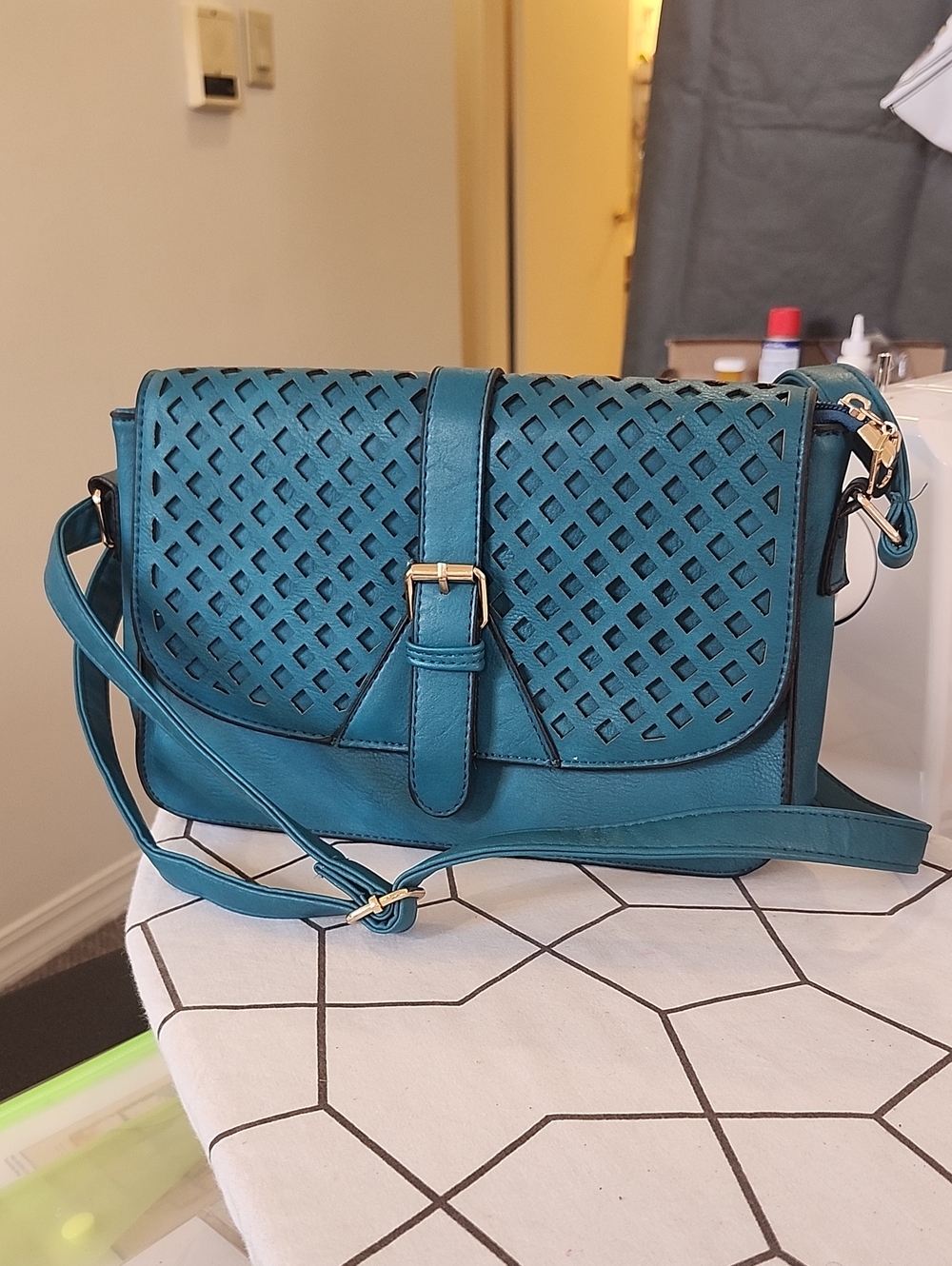 Teal Crossbody Shoulder Bag with Lattice Detail